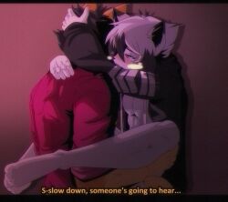 anthro anthro_on_anthro biped black_hair blush domestic_cat duo english_text ereki_kagami felid feline felis hair hi_res intraspecies male male/male mammal munkeesgomu munks_(munkeesgomu) text white_hair