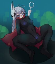 anthro blue_breasts blue_eyes blue_pussy breasts bug bug_girl deazend female female_focus female_only girl green_background hollow_knight hollow_knight:_silksong hornet hornet_(hollow_knight) pussy pussy_focus pussy_lips solo solo_anthro solo_female white_hair
