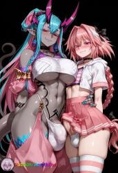1femboy 1futa abs aerythfox ai ai_art ai_generated astolfo_(fate) blue_hair breasts bulge erection fate_(series) female femboy femboysub futa_is_bigger futadom futanari grey_body hoodie ibuki_douji_(fate) large_ass large_breasts looking_at_viewer oni oni_female oni_horns otoko_no_ko otokonoko patreon patreon_username pink_eyes pink_hair pink_shirt purple_eyes red_eyes skirt smiling smiling_at_viewer smirk tagme thong wide_hips