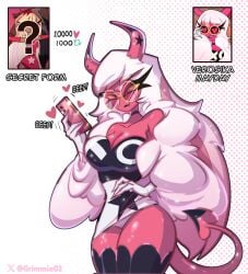 1girls bare_shoulders bare_thighs big_breasts breasts clothed clothing color demon demon_girl english_text female female_focus female_only glasses grimmie02 helluva_boss hi_res large_breasts long_hair panties pink_body pink_eyes pink_hair pink_skin smartphone solo solo_female succubus succubus_horns succubus_tail succubus_wings tagme text thick_thighs verosika_mayday_(helluva_boss)