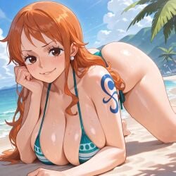 1girls 2d 2d_(artwork) abdomen ai_generated anime ass ball_earrings beach big_ass big_breasts black_nails blue_tattoo breasts breasts_apart breasts_bigger_than_head closed_eyes eyewear_on_head female female_only gigantic_breasts illustration illustrious_(stable_diffusion) large_breasts lying_on_back massive_breasts myaicrush nami_(one_piece) one_piece orange_hair pussy sleeping sling_bikini sunglasses sunglasses_on_forehead swimsuit swimwear tattooed_arm torso torso_shot vagina vagina_focus