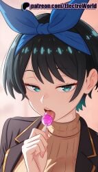 1girls 2025 ai_generated artist_name black_hair blue_hairband candy electroworld female food hairband half-closed_eyes hi_res high_quality high_resolution highres jacket kanojo_okarishimasu licking lollipop patreon patreon_username ribbed_sweater saliva sarashina_ruka short_hair solo stable_diffusion sweater tongue tongue_out watermark