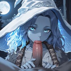 1female 1male ai_generated beautiful_background beautiful_eyes blowjob blue_body blue_eyes blue_hair elden_ring female hat looking_at_viewer medium_penis moon moonlight nameless_gooner penis_in_mouth pink_penis pov pov_eye_contact ranni_the_witch touching_penis veiny_penis