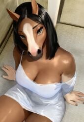 ai_generated anthro anthro_female black_hair breasts brown_eyes cleavage downblouse draft_horse eyeshadow female female_focus from_above furry furry_female furry_focus large_breasts lingerie looking_at_viewer majorfluffy seductive