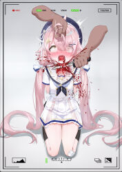 1girl absurdres ace_taffy ahoge arms_behind_back black_socks blood blue_hat blush bound bound_arms commentary_request crying dark-skinned_male decapitation dress execution full_body gauze_on_knee gore grabbing_another's_hair grey_background guro hair_ornament hair_ribbon hairclip hat highres holding_another's_hair indie_virtual_youtuber large_variant_set long_hair open_mouth pink_hair recording ribbon seiza shirt simple_background sitting socks solo speech_bubble streaming_tears tears twintails variant_set very_long_hair viewfinder white_dress white_shirt wide-eyed x_hair_ornament xiaomu314 yellow_eyes