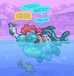 2025 animal_genitalia animal_penis animate_inanimate anthro anthro_to_inanimate ashe_(triblu) beverage big_breasts blush bodily_fluids breasts clothing cum dialogue digital_media_(artwork) drunk english_text equine_genitalia equine_penis fish genital_fluids genitals green_body gynomorph hair hand_on_breast handles_on_hips hi_res holding_beverage holding_object inanimate_transformation inflatable intersex keffotin living_inflatable marine nonbinary_(lore) nozzle_on_belly offscreen_character open_mouth outside palm_tree penis plant red_hair shark smile solo speech_bubble substance_intoxication swimming_pool tail text torn_clothing transformation tree water