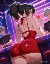 2025 2boys ahoge ai_generated anime ass bangs bar_\\\\(place\\\\) bare_shoulders black_hair black_shirt breasts buttocks cleavage cocktail_glass crossover cup dress drinking drinking_glass female female_focus from_behind highres hoyoverse huge_breasts indoors inside large_breasts mihoyo multicolored_hair multiple_boys nsfw pantylines patreon patreon_username pencil_dress ponytail red_dress red_eyes red_hair rognezart shirt short_dress solo streaked_hair thick_thighs thighs two-tone_hair zenless_zone_zero zhu_yuan