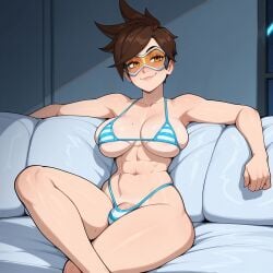 abs ai_generated areola_slip bed bikini blue_bikini breasts brown_eyes brown_hair bulge closed_mouth clothing collarbone couch covered_penis covered_testicles crossed_legs eyewear female flaccid futanari goggles highleg highleg_bikini indoors intersex large_breasts looking_at_viewer lunaart micro_bikini mole mole_on_breast mole_on_thigh muscle muscular muscular_female navel on_couch orange_goggles outstretched_arms overwatch penis penis_peek pillow pussy pussy_peek shiny_skin short_hair sitting skindentation smile solo spiked_hair striped_bikini striped_clothes swimsuit thick_thighs thighs tinted_eyewear toned tracer_(overwatch) veins veiny_penis