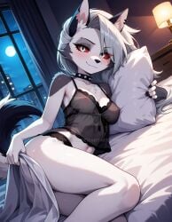 2025 ai_generated bedroom_background black_lingerie boobs_visible_through_thighs breasts breasts_visible_through_clothing deviantart elryusam female furry_female furry_only glaring_at_viewer helluva_boss looking_at_viewer loona_(helluva_boss) smile_at_viewer smiling_at_viewer vivziepop wolf_girl wolf_only youtube