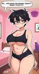 ai_generated big_breasts black_clothes black_clothing black_eyes black_hair black_shorts black_tank_top breasts cleavage condoms denim_shorts dildo english english_text expressionless glasses jorgecarlosai magazine navel nipple_bulge porn_magazine purple_dildo sexy short_hair short_shorts speech speech_bubble standing tank_top text text_bubble thick thick_hips thick_legs thick_thighs thighs thong underboob unworn_panties used_condom watermark wide_hips