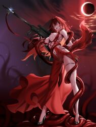 bar_censor black_shoes breasts censored character_request commission copyright_request dress eclipse female gleam gun hand_on_own_hip heterochromia high_heels highres holding holding_gun holding_weapon lactation large_breasts long_hair mad_kimo navel nipples red_dress red_eyes red_hair red_nails saliva shoes solo tail tentacle thigh_strap tongue tongue_out weapon yellow_eyes