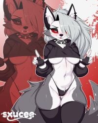 big_breasts blush breasts eyebrows female female_only hellhound helluva_boss huge_breasts looking_at_viewer loona_(helluva_boss) red_pupils short_hair simple_background sxucee white_eyes white_hair wolf_girl