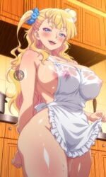 ai_generated areolae_visible_through_clothing bangs big_breasts blonde_hair blue_eyes blunt_bangs blush breasts_bigger_than_head cleavage curly_hair curvy curvy_body curvy_female curvy_figure from_below galko hair_ornament half-closed_eyes hips illustrious_(stable_diffusion) illyfurina kitchen large_breasts long_hair looking_at_viewer naked_apron open_mouth oshiete!_galko-chan pixai seducing seduction seductive seductive_body seductive_eyes seductive_gaze seductive_look seductive_mouth seductive_pose seductive_smile smile smiling smiling_at_viewer stable_diffusion standing sweat sweatdrop sweating sweaty sweaty_body tease teasing teasing_viewer thighs visible_nipples waist