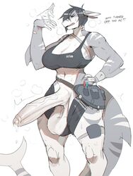 1futa 2019 absurd_res anthro balls big_balls big_penis bodily_fluids closed_eyes clothed clothing english_text fish futa_only futanari genital_fluids grey_hair gynomorph hair hi_res huge_cock humanoid_penis in_heat intersex kaze_(notglacier) marine navel notglacier penis precum shark simple_background solo sweat sweaty_balls text vein white_background