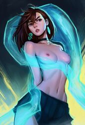 1girls ai-generated ayase_momo black_collar breasts brown_eyes brown_hair collar collarbone dandadan earrings exposed_belly exposed_breasts exposed_nipples exposed_shoulders female female_focus female_only hands_behind_back looking_forward magic medium_breasts nai_diffusion navel nipples novelai partially_clothed partially_undressed shy-ai-waifu thick_eyebrows topless topless_female