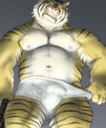 1boy 2010 anthro bulge clothing felid low_res male male_only mammal navel nipples pantherine penis_outline simple_background solo tetsuo_oshiba tiger underwear white_underwear