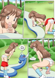 anus blowjob breasts brown_eyes brown_hair comic dragonair fellatio leaf's_safari_adventure leaf_(pokemon) palcomix panties pokecomic pokemon pokemon_frlg pokepornlive skirt_removed wet_pussy