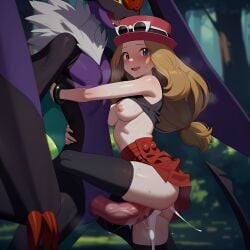 1boy 1girls ai_generated arms_around_partner blue_eyes breasts breasts_out brown_hair clothed_sex cum cum_inside dadfox ejaculation female hat leg_up looking_at_viewer male noivern one_leg_up outdoors pokemon pokemon_xy pokephilia pussy pussy_juice serena_(pokemon) sex shirt_lift shirt_up skirt standing_sex sweat thighhighs