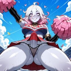 ahoge ai_generated arm_up ass ass_visible_through_thighs black_gloves black_panties blue_eyes blue_sky blush breasts cheerleader clenched_teeth clothes_writing clothing cloud colored_sclera colored_skin condom condom_on_penis confetti crop_top day detached_sleeves elbow_gloves erection female from_below futanari gloves gradient_hair grey_eyes grey_hair grey_skin grin hair_between_eyes holding holding_pom_poms large_breasts long_hair looking_at_viewer looking_down lunaart miniskirt multicolored_hair outdoors panties pantsu penis pink_eyes pink_hair pleated_skirt pointy_ears pom_pom_(cheerleading) red_sclera red_skirt sharp_teeth skirt skirt_lift skirt_pull sky smile solo stadium sweat teeth testicles thighs two-tone_hair underwear vampire veiny_penis white_hair