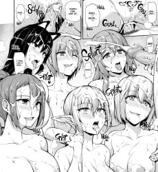 1boy 6girls blush_lines cum cum_drip cum_in_mouth cum_in_pussy cum_on_body cum_on_breasts cum_on_face elf_girl excited_female group_sex isekai_harem_monogatari open_mouth priestess succubus sweat tachibana_omina womb_tattoo