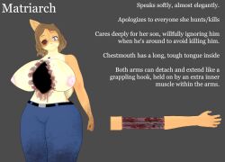 anthro blood blood_on_chest blood_on_clothing bodily_fluids body_horror canid canine canis chest_mouth clothing domestic_dog empty_eye_socket female gore june_(jinu) mammal missing_eye mother_(lore) parent_(lore) pizzataph shiba_inu shirtless_anthro solo spitz