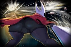 1girls 2025 anthro arthropod artist_name ass back_view big_ass black_body black_skin calves cameltoe carbonfloof clitoral_hood clothed clothed_female clothing feet_out_of_frame female fully_clothed genitals hi_res hollow_knight hollow_knight:_silksong hornet_(hollow_knight) insect labia large_ass legs_apart purple_body purple_skin pussy pussy_outline shawl shorts signature skin_tight solo standing thick_thighs thighs vulva weapon