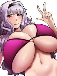 bikini bikini_top cleavage female hair_ornament huge_breasts idolmaster kumako_(kumakonoh) long_hair purple_eyes purple_hair shijou_takane smiling underboob victory