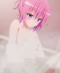 1girls bath bathroom bathtub blush breasts female flat_chest nana_asta_deviluke nipples official_art pink_hair purple_eyes screencap spread_legs steam to_love-ru to_love-ru_darkness water watermark