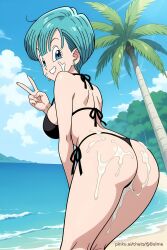 ai_generated ass_shot beach bikini black_bikini black_side-tie_bikini bulma_briefs cowboy_shot cum cum_on_ass cum_on_bikini cum_on_face dragon_ball_super grin looking_at_viewer peace_sign pinku.ai rear_view sexy thong_bikini