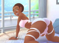 1futa all_fours alternate_version_available back_view balcony balls_in_panties bed big_ass big_breasts big_butt brown_hair busty curvy dark-skinned_futanari dark_skin dat_ass ear_piercing earrings eyelashes futa_only futanari grab grabbing green_eyes hair_bun hourglass_figure human indoor inside intersex looking_back midriff mutantproject open_mouth original_character piercing pillow pose posing room shadow sideboob solo solo_futa spread_legs spreading tied_hair underwear voluptuous white_panties wide_hips