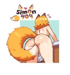 ass ass_focus back_view cooking covering_crotch english_text fox_ears fox_girl fox_tail low-angle_view naked_apron pixel_art senko_(sewayaki_kitsune_no_senko-san) sewayaki_kitsune_no_senko-san sim0n404 tagme