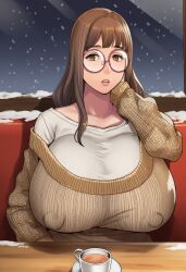 ai_generated breasts_bigger_than_head brown_eyes brown_hair circular_glasses coffee coffee_cup date diner giant_breasts girlfriend glasses hand_on_cheek light-skinned_female long_hair male_pov mature_female milf pink_lips public straight_hair sweater t-shirt