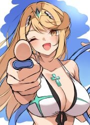 ;d absurdres adapted_costume bikini blue_sky blush breasts chest_jewel cleavage collarbone commentary core_crystal_(xenoblade) female gem green_gemstone highres holding holding_hose hose large_breasts long_hair looking_at_viewer mikan_(mika_n95) mythra mythra_(xenoblade) one_eye_closed open_mouth sky smile solo swimsuit symbol-only_commentary tiara upper_body white_bikini xenoblade_(series) xenoblade_chronicles_2 yellow_eyes