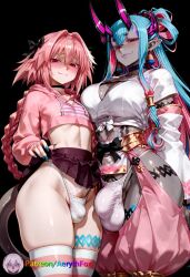 1femboy 1futa abs aerythfox ai ai_art ai_generated astolfo_(fate) blue_hair breasts bulge erection fate_(series) female femboy femboysub futa_is_bigger futadom futanari grey_body hoodie ibuki_douji_(fate) large_ass large_breasts looking_at_viewer oni oni_female oni_horns otoko_no_ko otokonoko patreon patreon_username pink_eyes pink_hair pink_shirt purple_eyes red_eyes skirt smiling smiling_at_viewer smirk tagme thong wide_hips