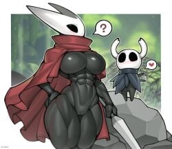 1other ? abs absurdres alternate_muscle_size arthropod_girl artist_name black_bodysuit bodysuit border breasts cloak fake_horns female game_screenshot_background hand_on_own_hip heart highres hollow_knight hollow_knight:_silksong horned_headwear hornet_(hollow_knight) horns knight_(hollow_knight) large_breasts mask muscular muscular_female needle_(hollow_knight) needle_sword pussy roadi3 rock screenshot_background shiny_clothes size_difference skin_tight thick_thighs thighs waving_arm white_border