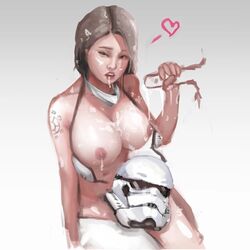 after_sex breasts breasts_out bukkake cum_covered djinn_introvert female_only female_stormtrooper helmet_removed original_character short_hair solo_female star_wars stormtrooper tattoo