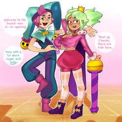 1boy1girl big_breasts blue_clothing brawl_stars breasts brown_skin chester_(brawl_stars) crown dialogue female green_hair light-skinned_male long_socks looking_at_viewer male mandy_(brawl_stars) notwawita pink_dress pink_hair supercell