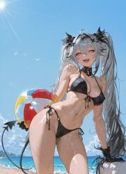 1girl 1girls 2d ai ai_generated ass_visible_through_thighs ball beach beach_ball bikini breasts glowing_eyes hair_ornament hair_ornaments happy jetavie_(punishing:_gray_raven) looking_at_viewer pointy_ears punishing:_gray_raven seaside solo solo_female sunlight tagme tail thighs twintails twintails_(hairstyle) two_tone_hair wet wet_body white_hair