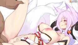 1boy 1girls animal_ear_fluff animal_ears ara_haan ara_haan_(celestial_fox) areolae arm_guards bare_shoulders black_legwear breasts censored dark-skinned_male dark_skin detached_sleeves elsword eun_(elsword) facial_mark female fox_ears fox_girl fox_tail from_side hair_bobbles hair_ornament happy_sex hetero highres japanese_clothes kimono kitsune kneehighs kyuubi large_breasts leg_grab leg_lift light-skinned_female light_skin long_hair lying missionary mosaic_censoring multiple_tails nipples obi on_back parted_lips penis pussy red_eyes red_nails revealing_clothes sash sex smile smirk solo_focus spread_legs straight tail thighs vaginal_penetration very_long_hair white_hair white_kimono yanje