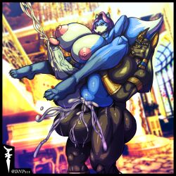 anal anubis balls big_balls big_breasts big_penis black_body black_fur blue_body blue_fur bodily_fluids breasts canid canine cum cum_in_ass cum_inside deity dnp101 egyptian_mythology fox full_nelson fur futanari genital_fluids genitals gold_accessories hi_res huge_balls huge_breasts huge_cock intersex mammal middle_eastern_mythology mythology penis