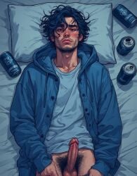 ai_generated alcohol beer erection messy_hair messy_room shane_(stardew_valley) stardew_valley