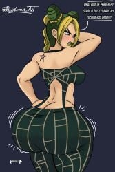 1girls action_lines angry annoyed annoyed_expression ass ass_cleavage ass_crack ass_expansion ass_focus bare_shoulders big_ass big_butt birthmark blonde_hair blush bottom_heavy braid braided_hair braided_ponytail breasts bubble_ass bubble_butt butt_crack curvaceous curvy curvy_female curvy_figure david_productions dialogue double_bun english_text expansion fat_ass female female_focus female_only green_eyes green_hair green_lips green_lipstick hair_bun hair_buns hi_res high_resolution highres huge_ass huge_butt joestar_birthmark jojo's_bizarre_adventure jolyne_kujo large_ass light-skinned_female light_skin lipstick medium_hair motion_lines movement_lines multicolored_hair ponytail ryukman shounen_jump sideboob simple_background solo solo_female solo_focus stone_ocean tagme text thick_ass thick_thighs thighs two_tone_hair voluptuous voluptuous_female