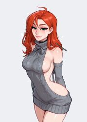 1girls ai_generated dota dota_2 ginger green_eyes orange_hair red_hair sergunyaa23 sideboob sweater thighs virgin_killer_sweater windranger