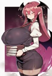 1girls ai_generated big_breasts black_legwear black_skirt black_thighhighs books breasts breasts_bigger_than_head carrying_books female glowing_eyes heart koakuma legwear looking_at_viewer pencil_skirt pink_eyes pink_hair pointy_ears skirt smile solo_female standing thighhighs touhou wings wings_on_back wings_on_head wumiai