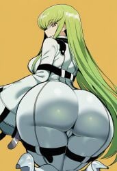 1girls ai_generated ass ass_bigger_than_head ass_focus big_ass big_butt bodysuit c.c. code_geass female green_hair high_heels looking_at_viewer looking_back looking_back_at_viewer rear_view sleeves_past_wrists solo_female thick_thighs viewed_from_behind white_bodysuit wumiai yellow_background yellow_eyes
