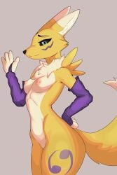 absurd_res anthro areola armor bandai_namco black_sclera breasts canid canine canis cassy_(skade) clothing digimon digimon_(species) facial_markings female fox_tail fur gauntlets gloves green_eyes greeting hand_on_hip handwear happy head_markings hi_res looking_at_viewer mammal markings medium_brests multicolored_body multicolored_fur nipples pink_nipples purple_gauntlets renamon side_view skade_(artist) smile solo wide_hips yellow_body yellow_fur