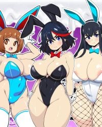 3girls big_breasts black_hair blue_eyes blush bowtie breasts bunny_costume bunny_ears bunny_tail bunnysuit dark_hair eyebrows female female_only hair_ornament kill_la_kill kiryuuin_satsuki long_hair mankanshoku_mako matoi_ryuuko medium_breasts nervous neutral_expression red_strand_of_hair short_hair simple_background sxucee