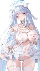 ass_visible_through_thighs azur_lane bare_shoulders belt blue_eyes blue_hair blunt_bangs blush bois_belleau_(azur_lane) braid breasts cg choker cleavage closed_mouth collarbone cowboy_shot detached_sleeves dress female garter_straps grabbing_own_breast hair_intakes hair_on_horn hair_ornament halo horns jewelry large_breasts long_hair long_sleeves looking_at_viewer mole mole_under_eye multicolored_hair navel panties pointy_ears revealing_clothes simple_background skindentation skirt solo stomach thighhighs thighs twintails underwear very_long_hair white_background white_hair white_panties white_thighhighs