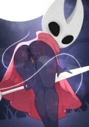 absurd_res anthro anus arthropod ass backlighting bodily_fluids clothing dripping female genital_fluids genitals hi_res holding_object holding_weapon hollow_knight:_silksong hollow_knight_(franchise) hornet_(hollow_knight) insects light lighting looking_at_viewer musk musk_clouds night outside parabellumpony pussy rear_view silk solo standing sweat team_cherry vulva weapon