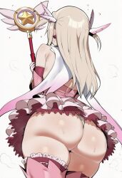 1girls ai_generated ass big_ass big_butt clothed clothed_female dress fate/grand_order fate/kaleid_liner_prisma_illya fate_(series) female illyasviel_von_einzbern legwear panties pink_dress pink_legwear rear_view silver_hair solo_female staff standing thick_thighs thigh_boots viewed_from_behind white_background white_panties wumiai